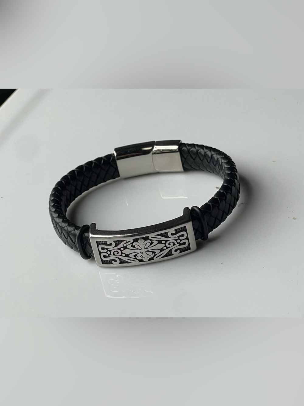 Black Braided Leather Men's Bracelet with Silver Accent